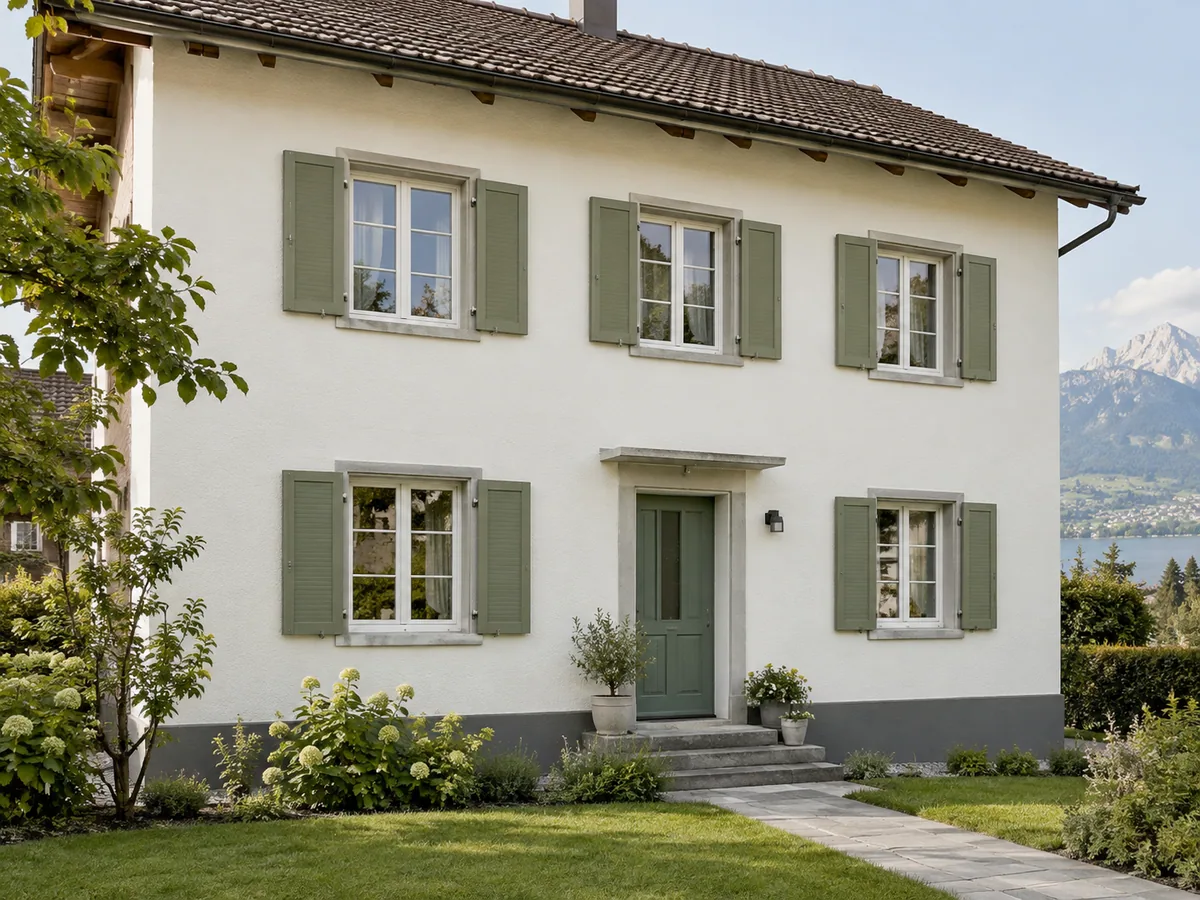 Frisch gestrichene weisse Hausfassade mit salbeigrünen Fensterläden
