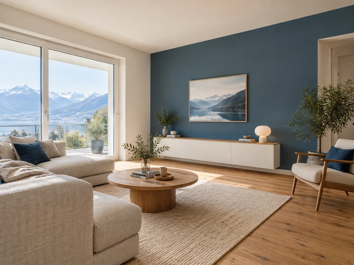 Fertig gestrichener Wohnraum mit tiefblauer Akzentwand