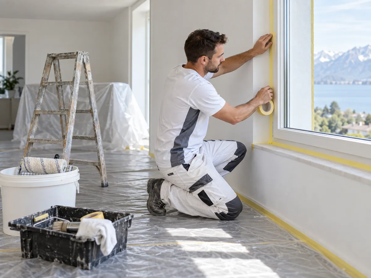 Maler deckt Fensterrahmen und Innenflächen sorgfältig ab